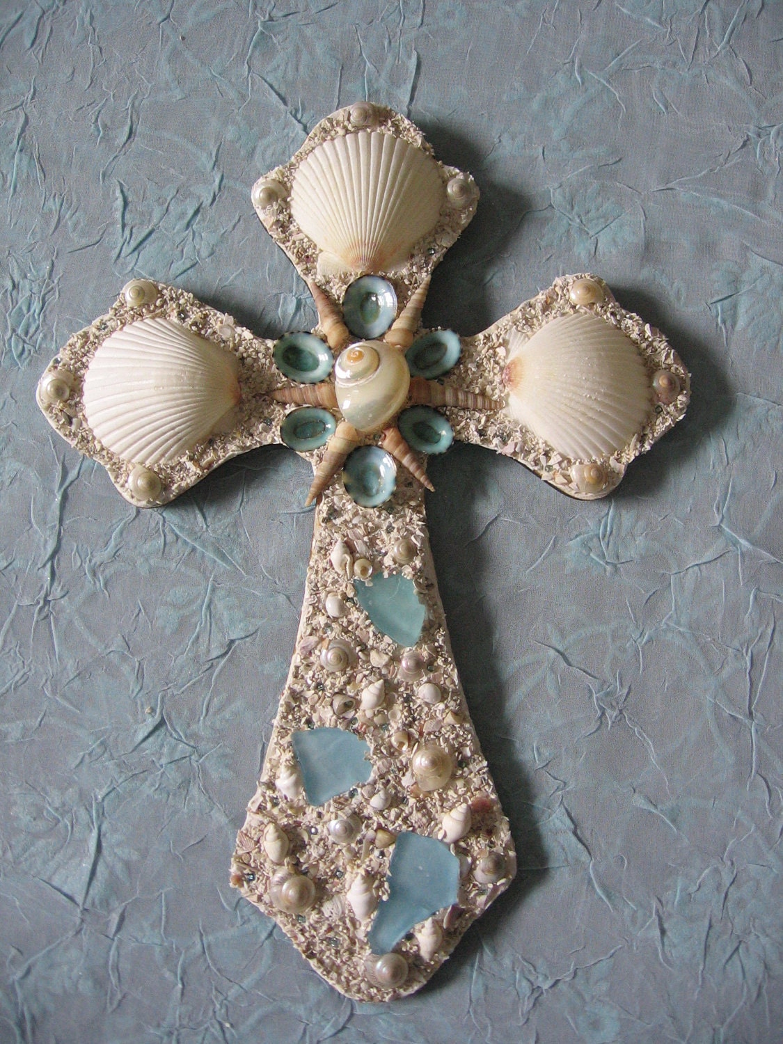 Original Seashell Wood Cross - White Aqua and Seaglass