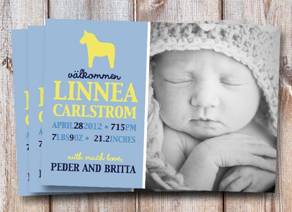 Birth Announcement Photo Card - "Swedish Blue" (7x5)