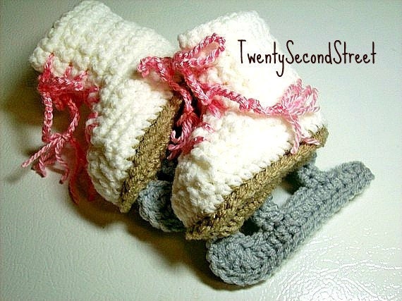 Crochet Baby Booties White  Figure Skates Pink Laces  3 to 6 months