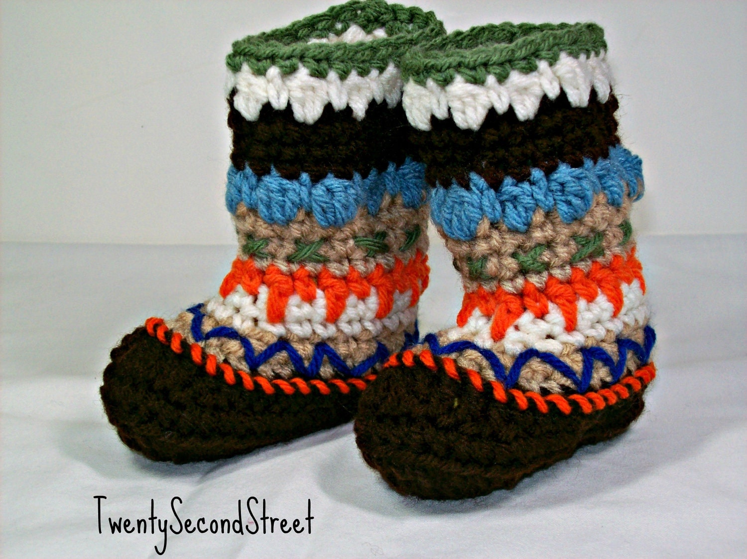 Baby Mukluk or Granny Booties - Brown, Orange, Blue - 3-6 months.