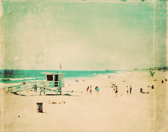 large wall art, beach photography, nostalgia, Hermosa Beach California lifeguard, surfer, aqua blue emerald green 24x36 print