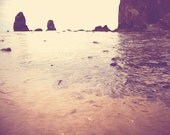 photography, Cannon Beach photograph, Haystack Rock the Needles, Oregon seaside tide pool, ocean landscape, orange peach plum beach decor