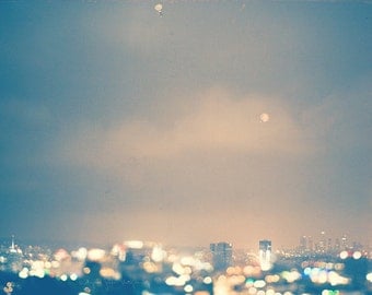 Hollywood at night, LA photography, cityscape, landscape, downtown skyline, Capitol Records, blue, sparkly bokeh print
