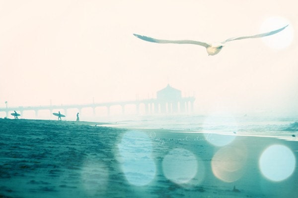 California photography, Manhattan Beach surfers photograph, dreamy seaside seagull, blue teal aqua large beach wall decor, 16x20