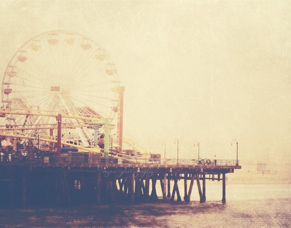 Santa Monica photograph. carnival, ferris wheel pier fun vacation beach ocean California photography, kids baby room, plum tan neutral 5x7