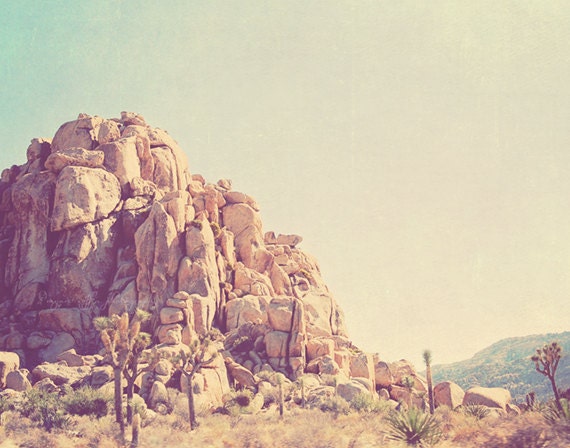 Joshua Tree photograph, Palm Springs desert, rocks, national park California travel, photography, mountain, nature, blue yellow, retro