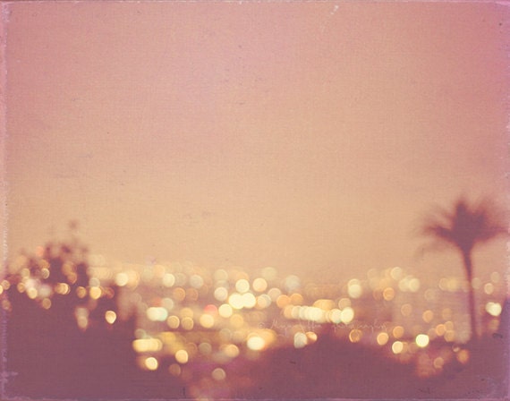 night photography, photo of Los Angeles Hollywood Summer Nights peach apricot palm tree cityscape gold bokeh lights California travel print