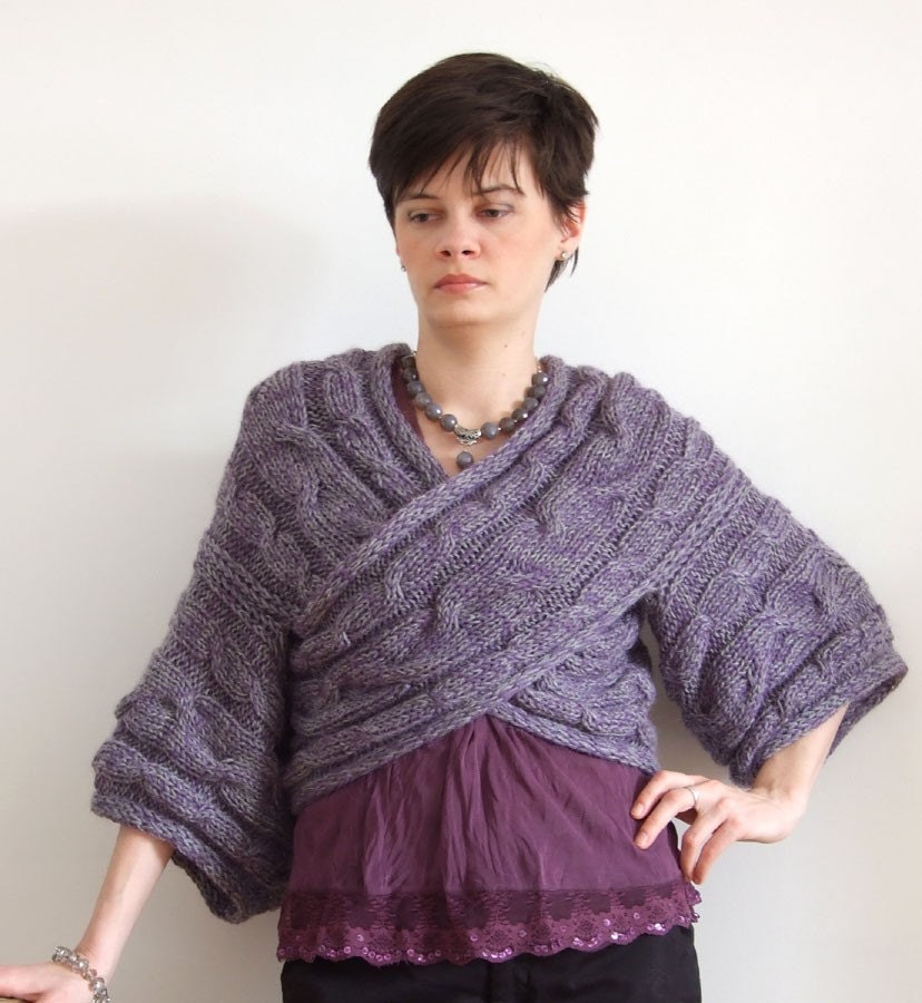 Casual  couture shrug / kimono grey-lavender criss-cross shrug / hand knitted shrug / AVANT GARDE fall fashion