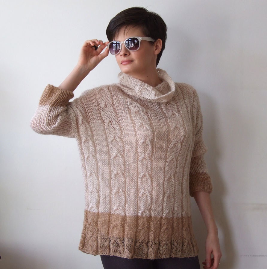 Braided oversized sweater tunic spring fashion, color block in cream with caramel modern urban 3/4 sleeves cabled
