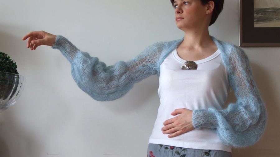 Shrug powder blue with cables light as a whisper long puffy sleeves summer fashion hand knitted