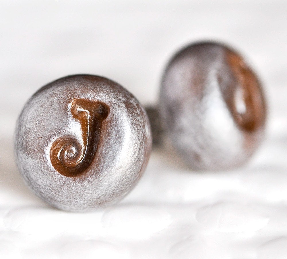 Personalized Earrings Custom Initial Post in Bohemian Chocolate Shimmer Metallic Polymer Clay on Surgical Stainless Steel