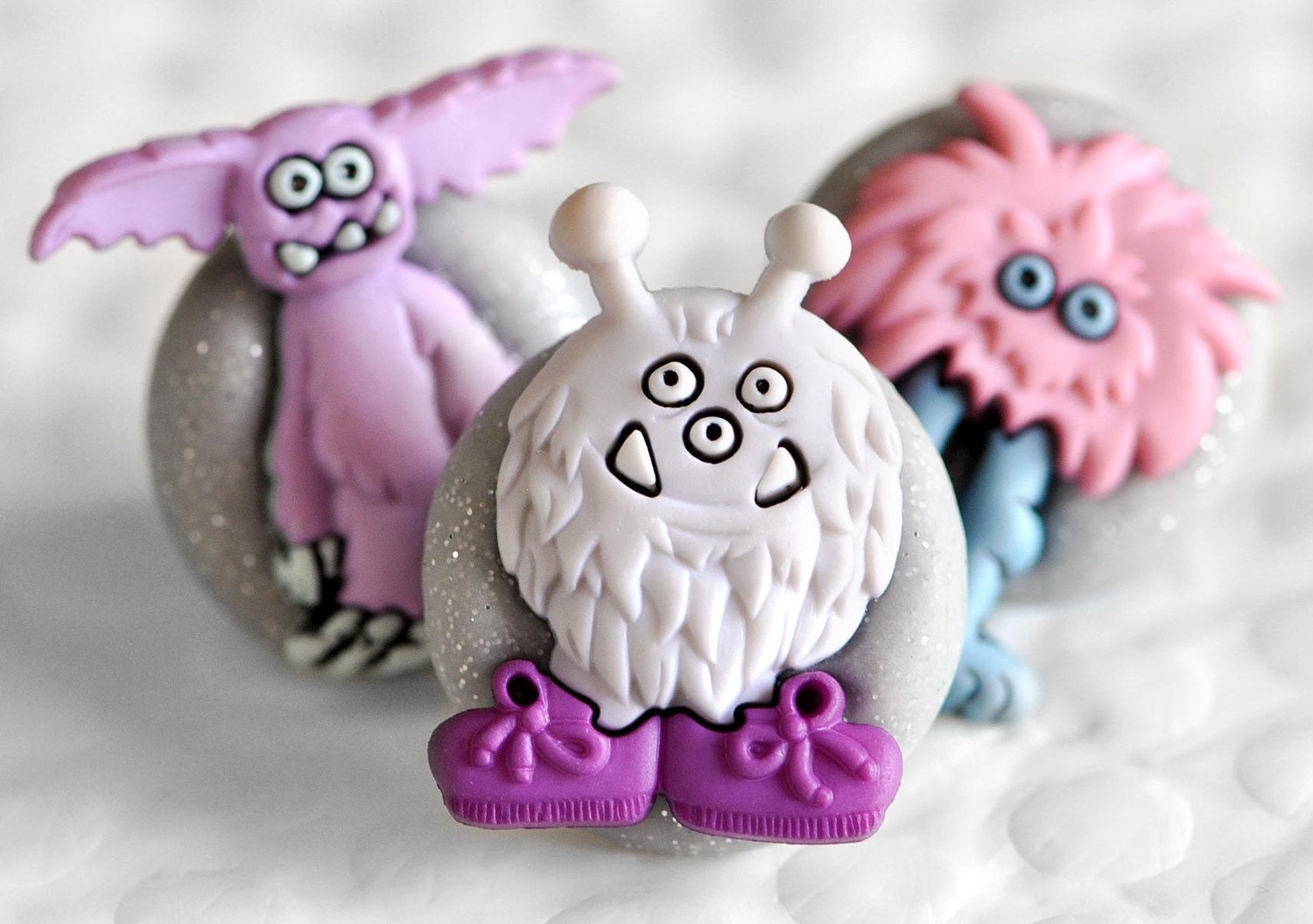 Silly Monster Magnets in Pastel Silver Giltter Polymer Clay Easter Basket Gift Set of 3 Office, Party Favors or Fun Kids Room Decor