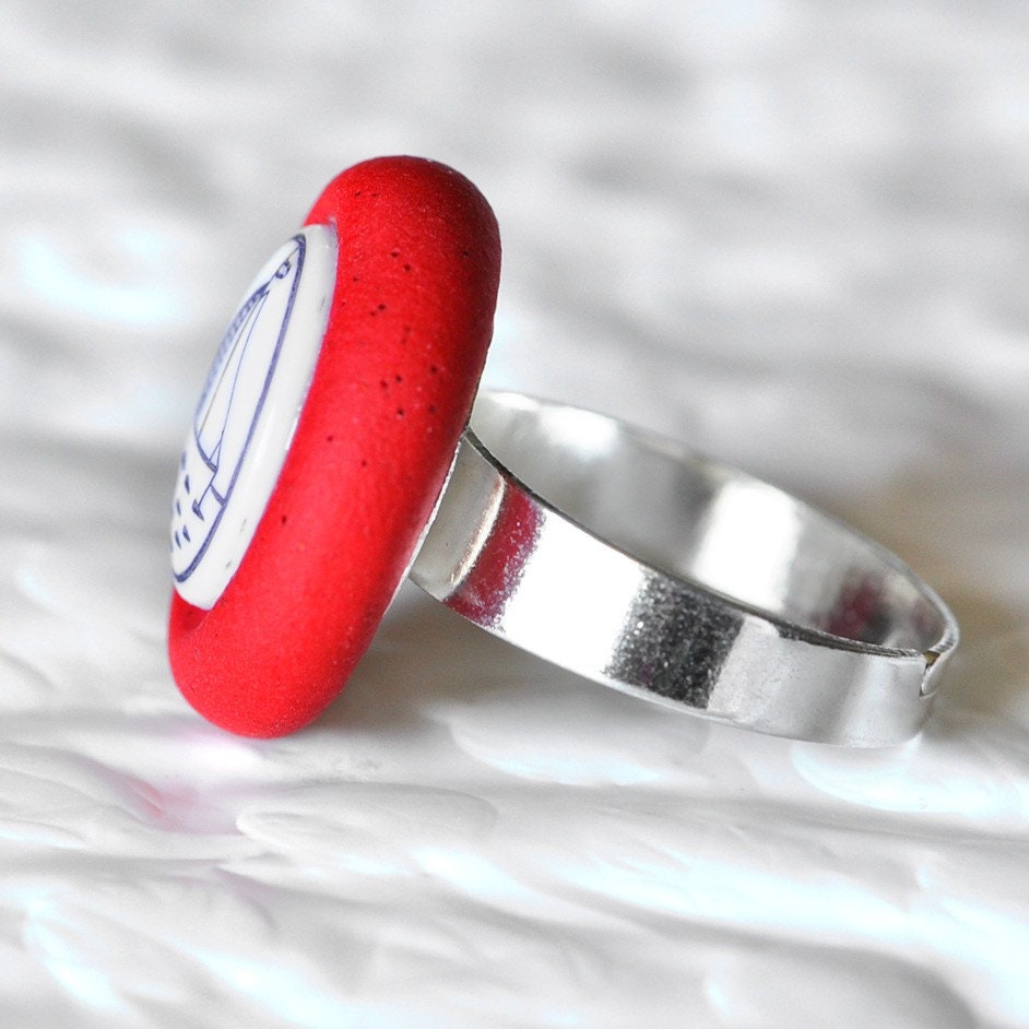 Nautical Summer Sailing Ring Sail Boat Button Jewelry in Glittering Ruby Red Polymer Clay