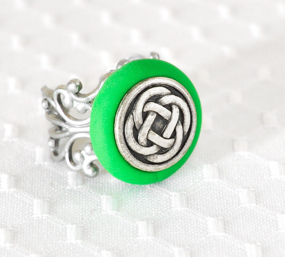 Celtic Knot Ring St. Patrick's Day Irish Jewelry in Bright Grass Green Polymer Clay with Adjustable Filigree Ring Base