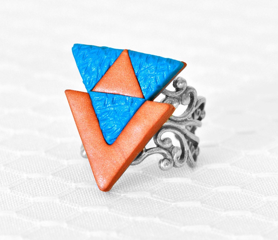 Geometric Tribal Fashion Ring Southwest Triangle Arrows in Turquoise and Copper Polymer Clay with Adjustable Silver Filigree Ring Base