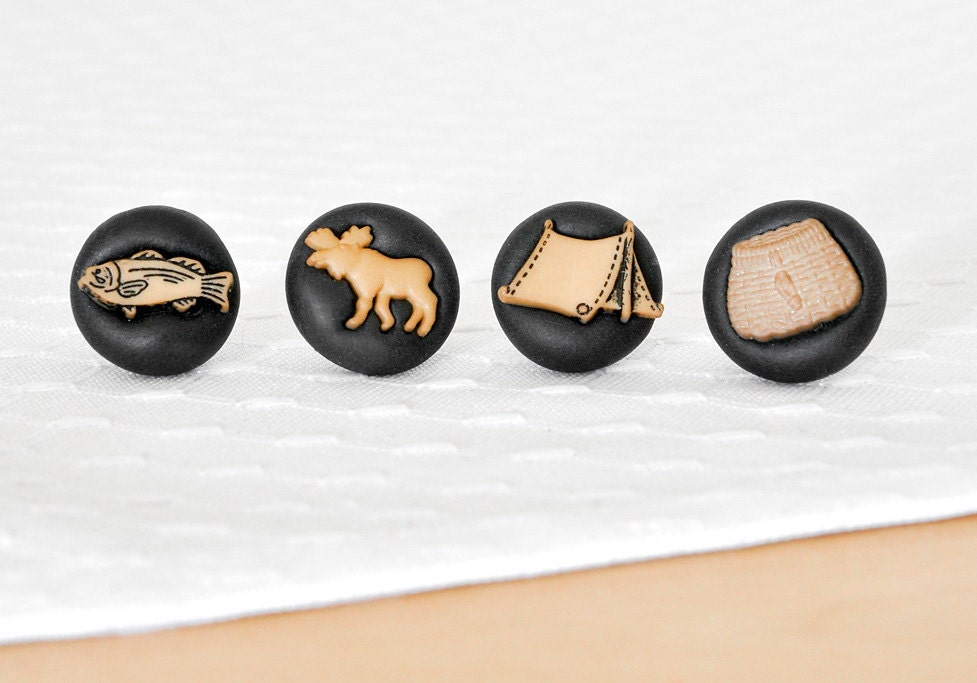 Camping Pushpins Featuring Fish, Moose, Picnic Basket and Tent Gift Set of 4 Summer Push Pins in Black Polymer Clay