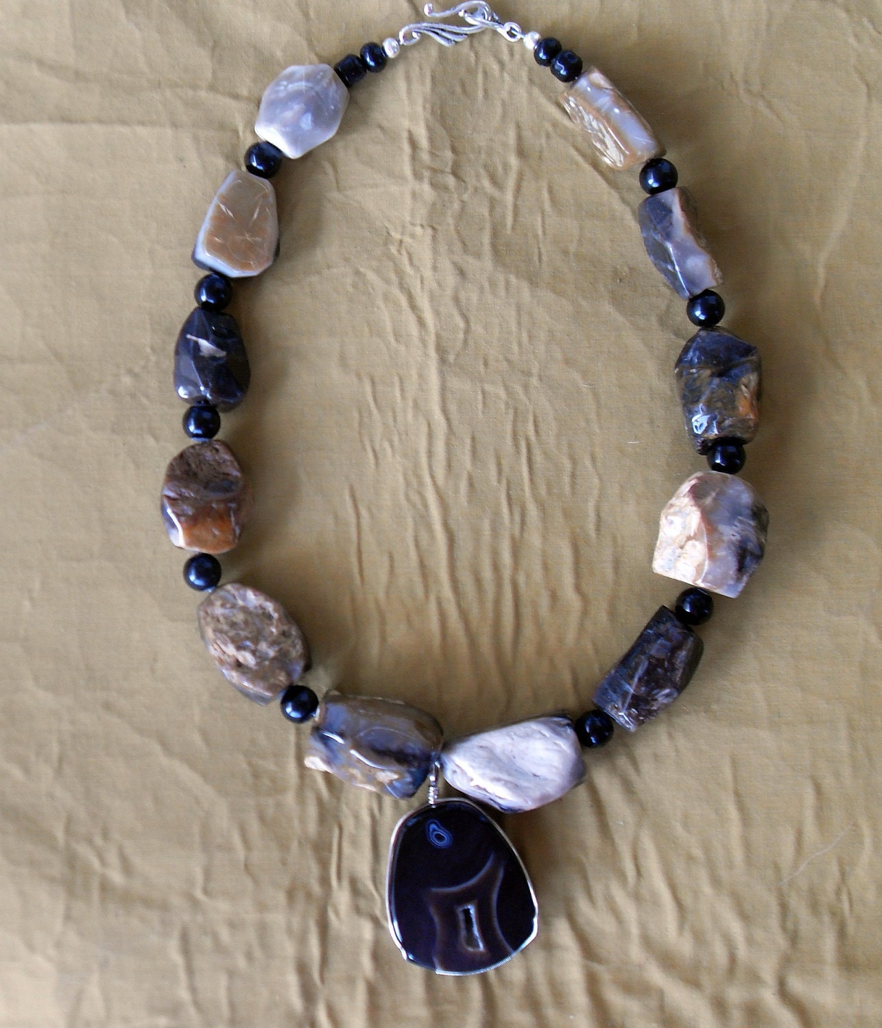 Necklace, Gemstone, Chunky Statement, Big Bead JewelryChunky Petrified Wood Necklace with Druzy Agate Pendant
