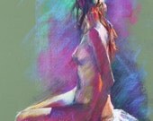 Colorful Original Pastel Drawing of Female Model on Olive Green by Kristina Laurendi Havens