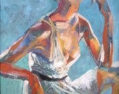 Woman Wearing a White Dress, Orange and Turquoise - Fine Art Print - Pensive -