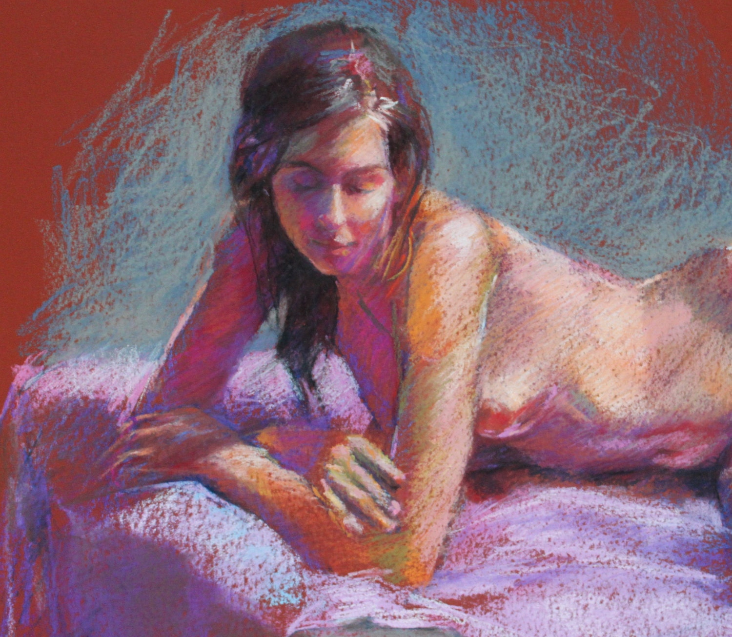 Original Art, Figure Drawing, Female Nude Reclining on Lilac Fabric