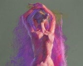 Pastel Figure Drawing, Nude Female Back in Purple on Olive Green Paper, Original Art