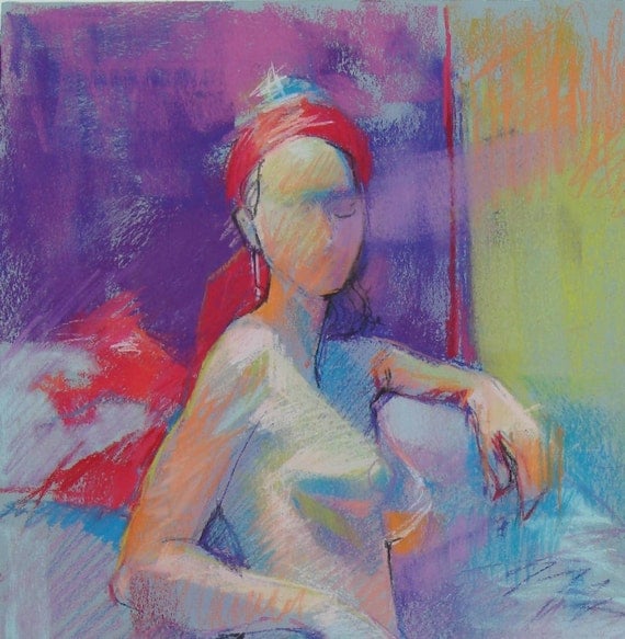 Colorful Pastel Figure Drawing of Model Wearing a Red Scarf - Original Fine Art Drawing