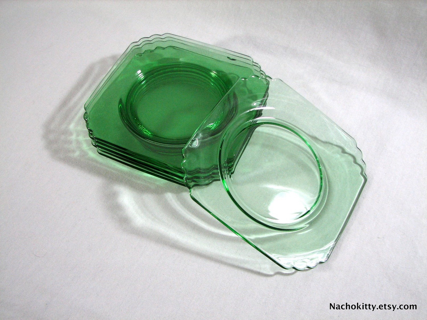 1930s Green Depression Glass Square Deco Plate Set