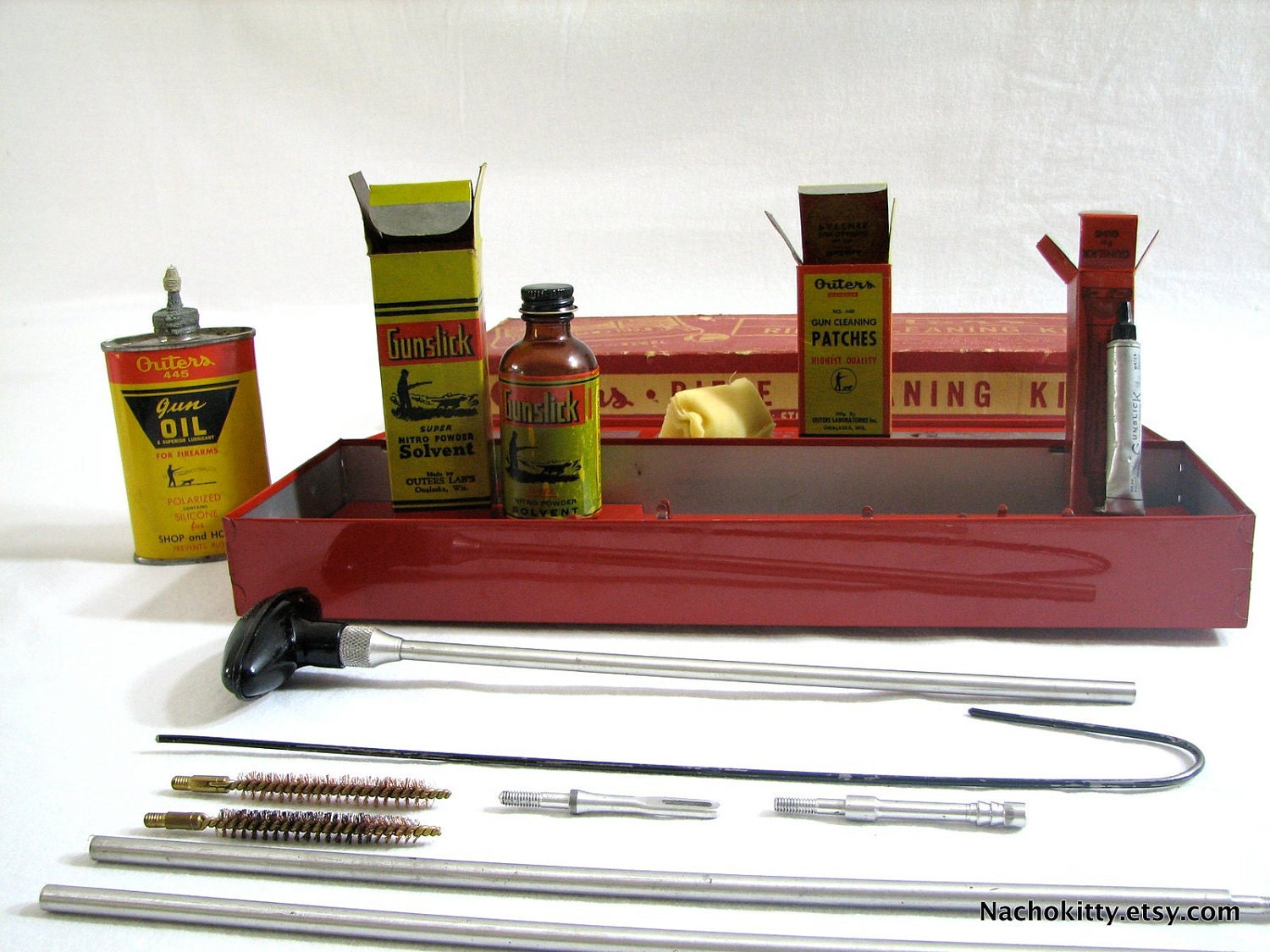1950s Tin Boxed Rifle Cleaning Kit All Original Pieces, Excellent Condition