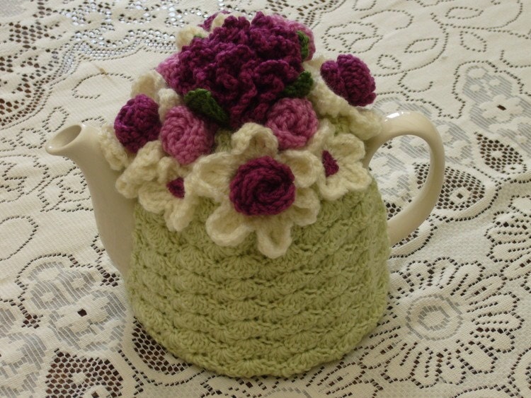 4-6 Cup Crochet Tea Cosy/ Tea Cozy/ Cosy/ Cozy  - Pale Green and Plum (Made to order)