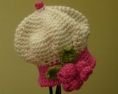 Crochet Baby Cloche Hat with roses and leaves in a cupcake design to fit Newborn baby