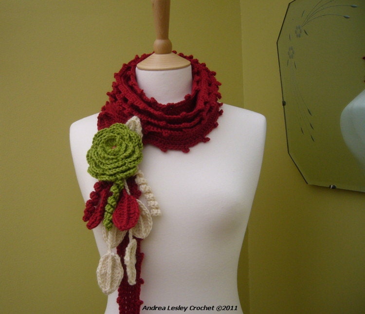 Lariat Scarf Necklace in Crochet with a Green Rose  (MADE TO ORDER)