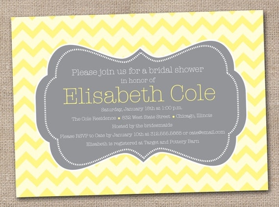 Printable Bridal Shower Invitations Yellow and Gray Chevron Stripes Digital Design