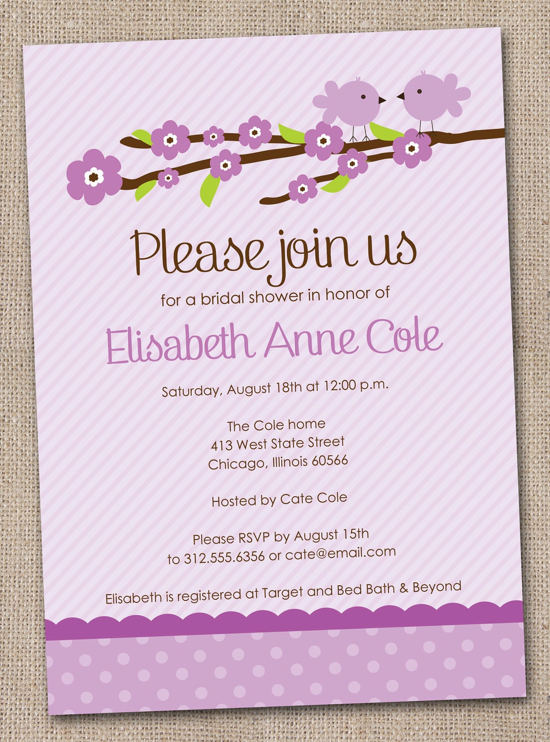 Printable Bridal Shower Invitations Digital File Purple and Green Love Birds and Cherry Blossoms Il_570xn