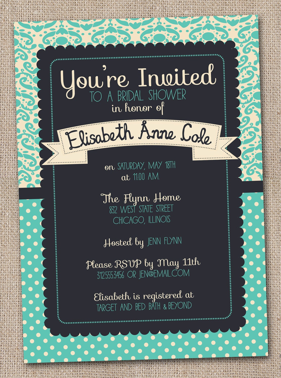Printable Bridal Shower Invitations Aqua and Navy Blue Damask Digital Design Il_570xn