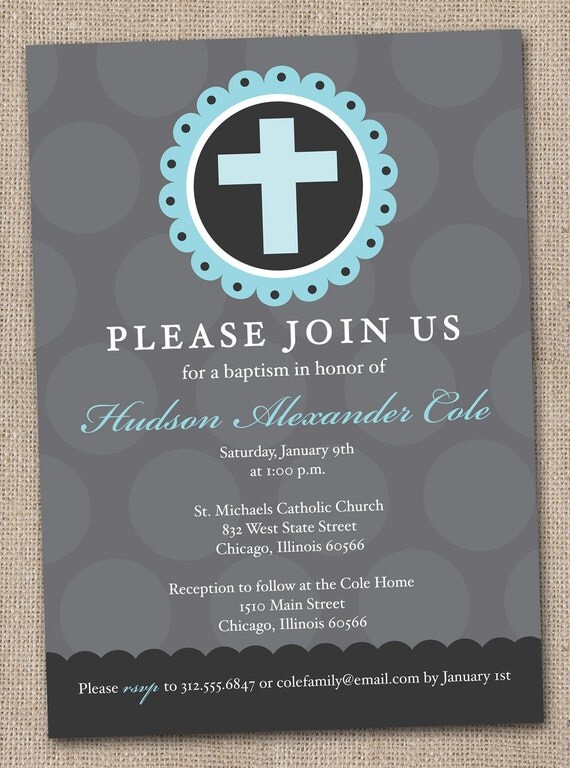 Printable Baptism Invitation Blue and Grey Cross and Polka Dots DIY Digital File Il_570xn