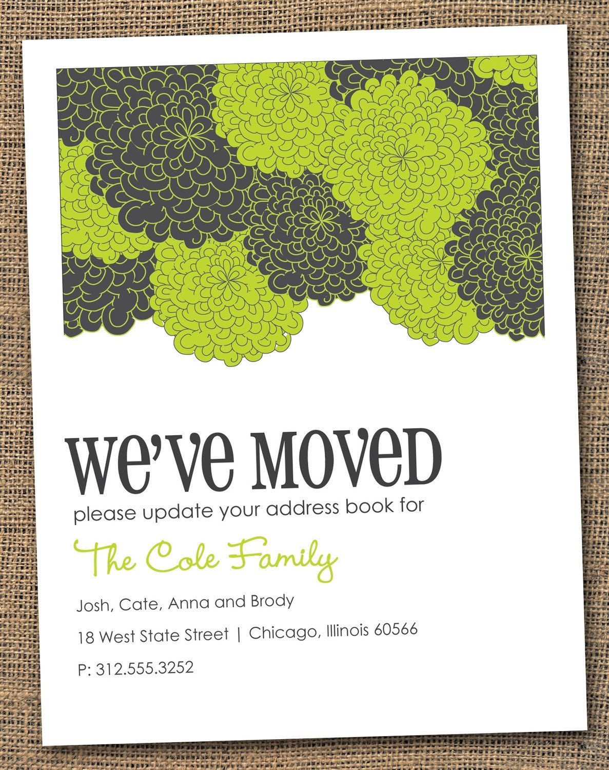 Set of 10 Printed Lime Green and Charcoal Grey Hydrangea Flowers Change of Address Moving Announcements