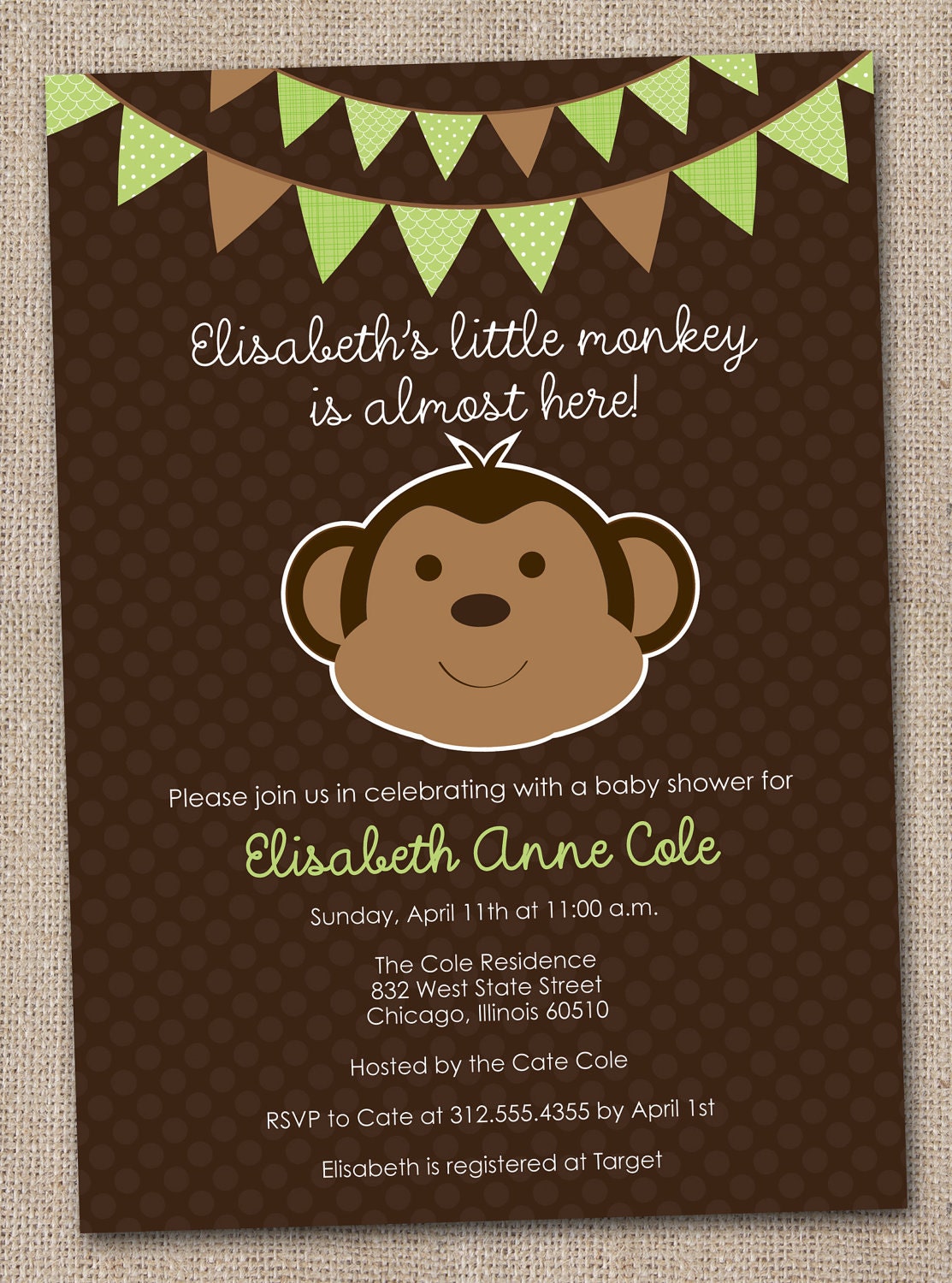 Printable Baby Shower Invitation Green Monkey and Polka Dots DIY Design