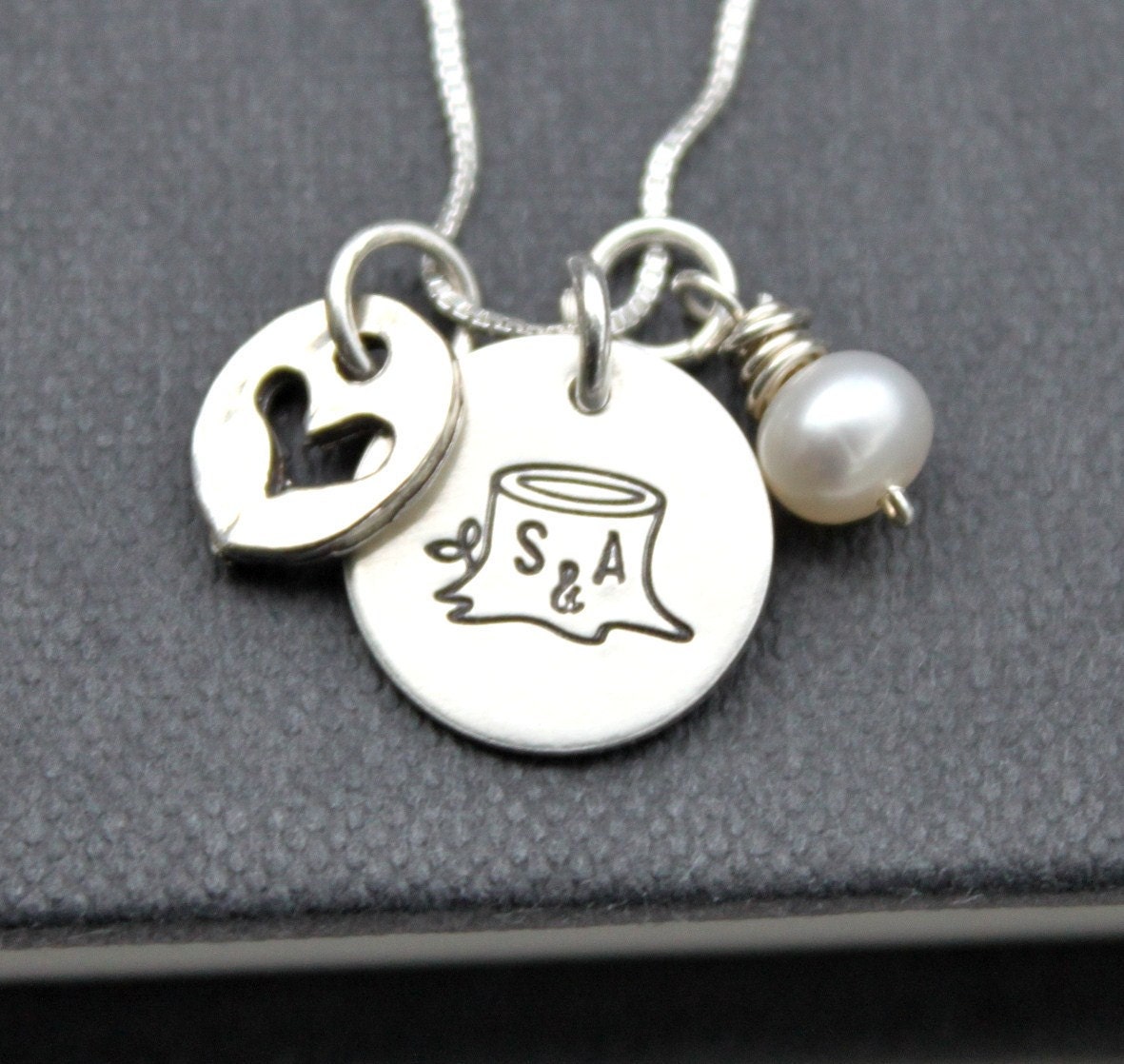 Tree Trunk Necklace ...Personalized Jewelry Couples Necklace ... Hand Stamped Initials Sterling Silver  Heart Charm Carved Initials Necklace