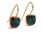 Turquoise Small Square Earrings With Silver Settings Coated with Gold