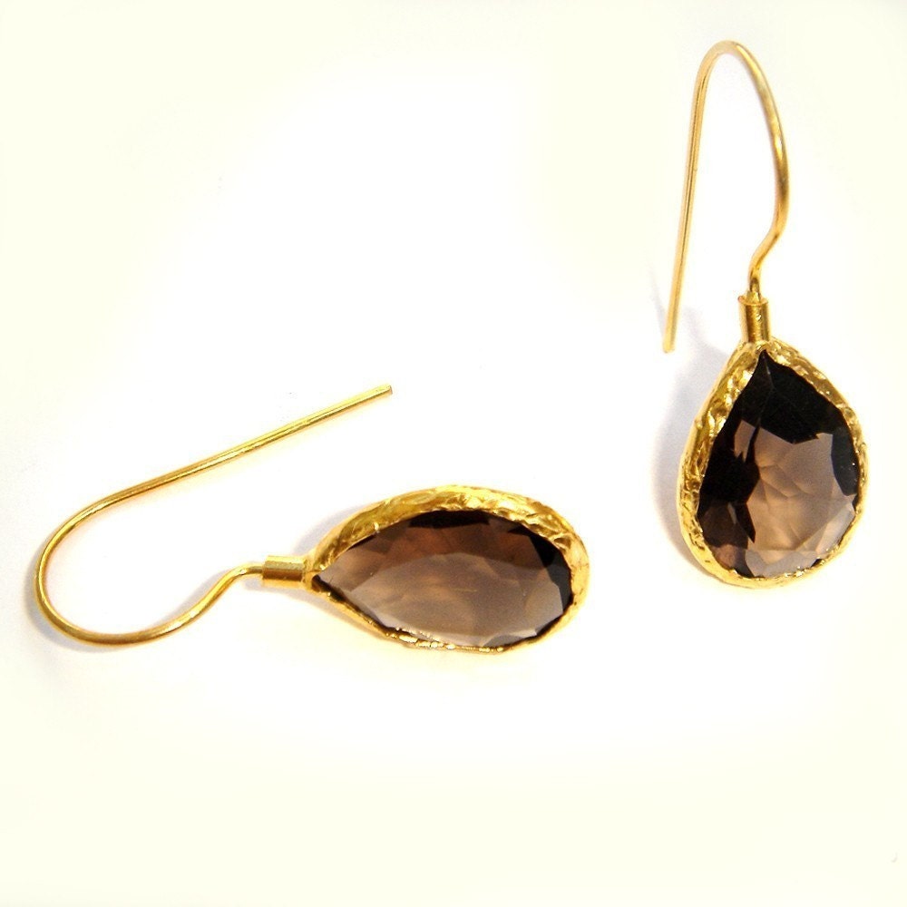 Smokey Quartz Faceted Drop Silver Earrings coated in Gold