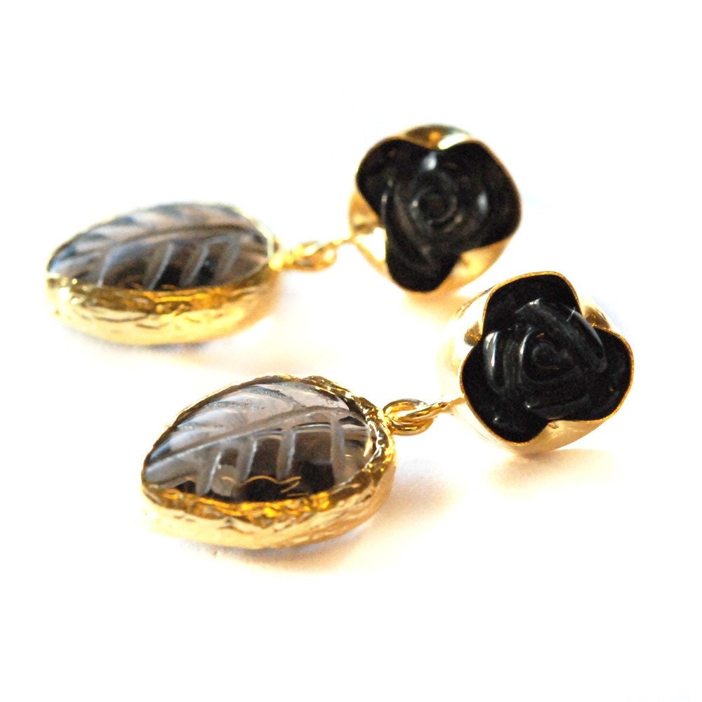 Flower and Leaf Carved Brown Smoky Quartz Earrings