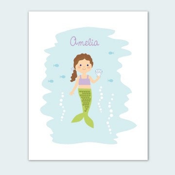 Mermaid Girl - 8 x 10 Custom Name Art Print