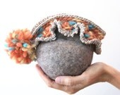 Felted Purse - in Llama Taupe (with vintage crochet trim and detachable pom-pom brooch)