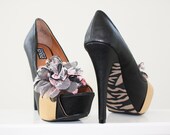Black Peep Toe Stilettos, Hand Painted Zebra Soles, One Pair Left, Women's Size 7.5, ON SALE 10% OFF