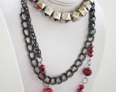 SALE Edgy Rocker Layered Chain Necklace, with Ruby Crazy Lace Agate and Hot Pink Satin Ribbon, Wear Long or Short