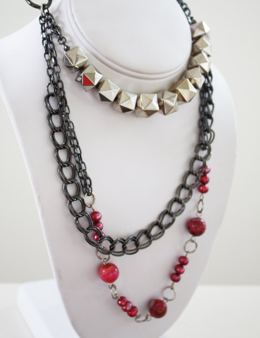 Edgy Rocker Layered Chain Necklace, with Ruby Crazy Lace Agate and Hot Pink Satin Ribbon, Wear Long or Short