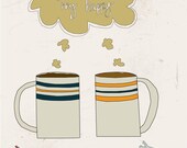 Digital Print-Wall Art Print-5x7 Illustration Art Print-You Are What Makes Me Happy-Coffee, Mugs, Couple, Vintage, Love, Coffee Shop Decor