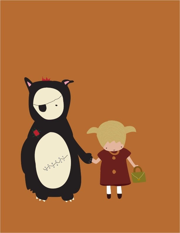 Baby Nursery Wall Art - 8x10 Illustration Art Print - Unlikely Friends - Pig tails, Monster, Best Friends, Girl, Nursery Decor