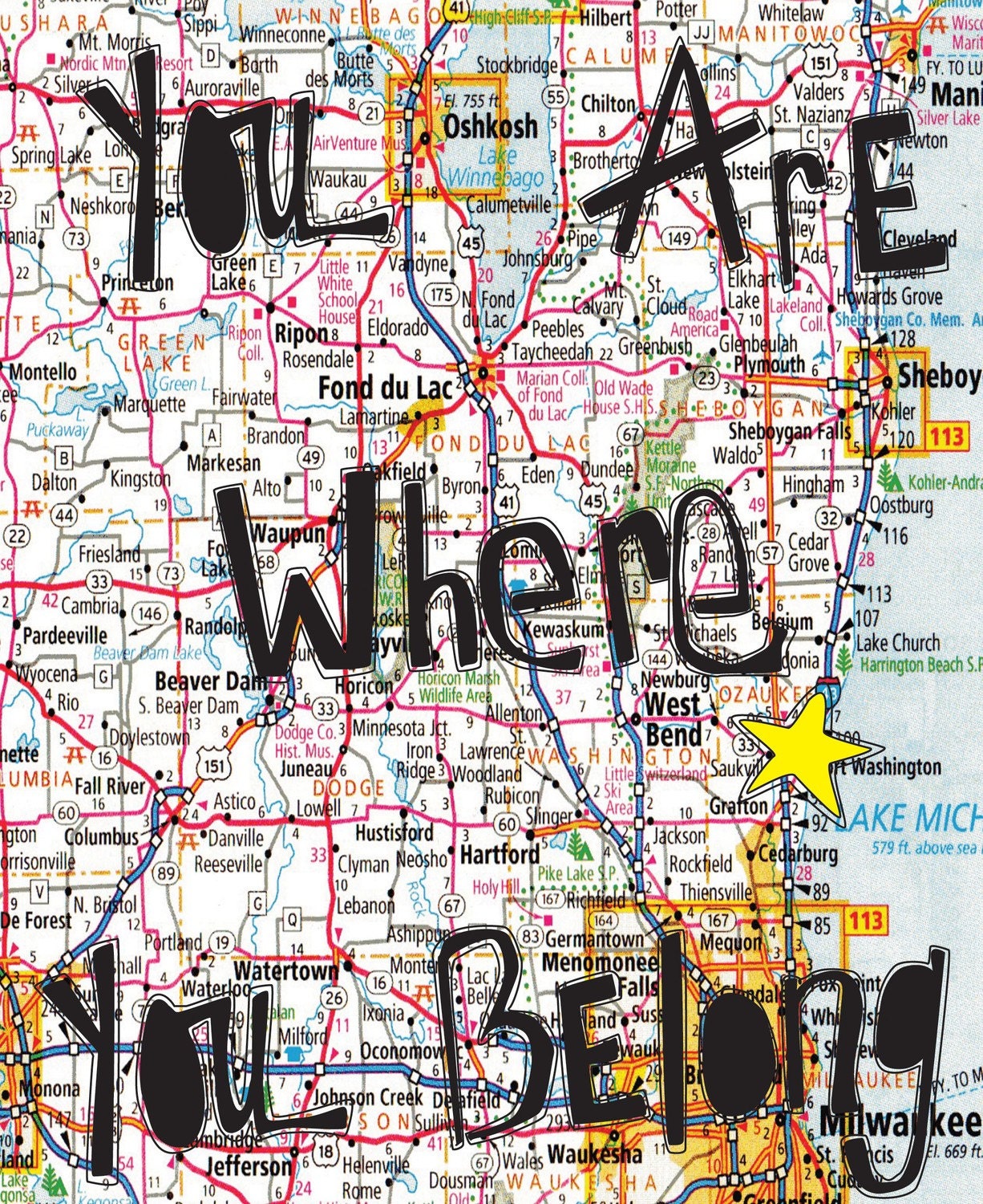 Digital Print - Wall Art - 8x10 Illustration Art Print - You Belong Here - Typography, Map, Inspirational, States, Location, Wall Decor