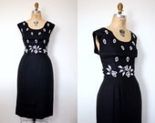 50s cocktail dress / black linen beaded dress / From This Day Forward